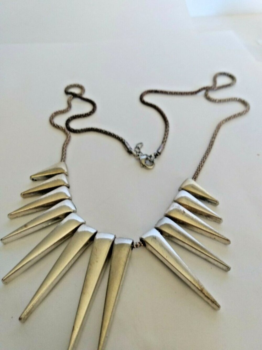 Graduated Spike Statement necklace Silver tone 26" snake chain
